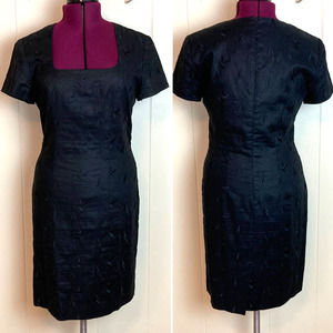 Vintage 80s 90s Black Embroidered Linen Sheath Dress 12 Dark Academia Halloween